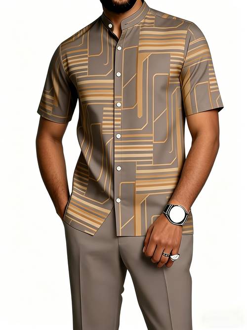 2pcs set casual shirt set for european and american men stand collar short sleeve shirt with casual pants geometric printed shirt set shirt top essential casual outfit for