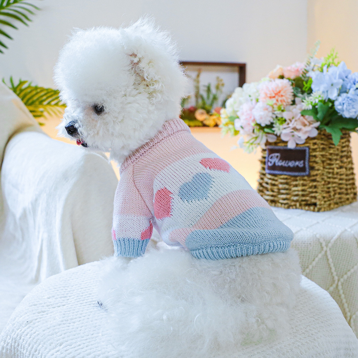 TEMU Pull-over Épais à Rayures Bleu et Rose pour Chiens de Petite Taille - Vêtement Chaud d'Hiver, Confortable et Facile à Enfiler, Décoratif, Pour