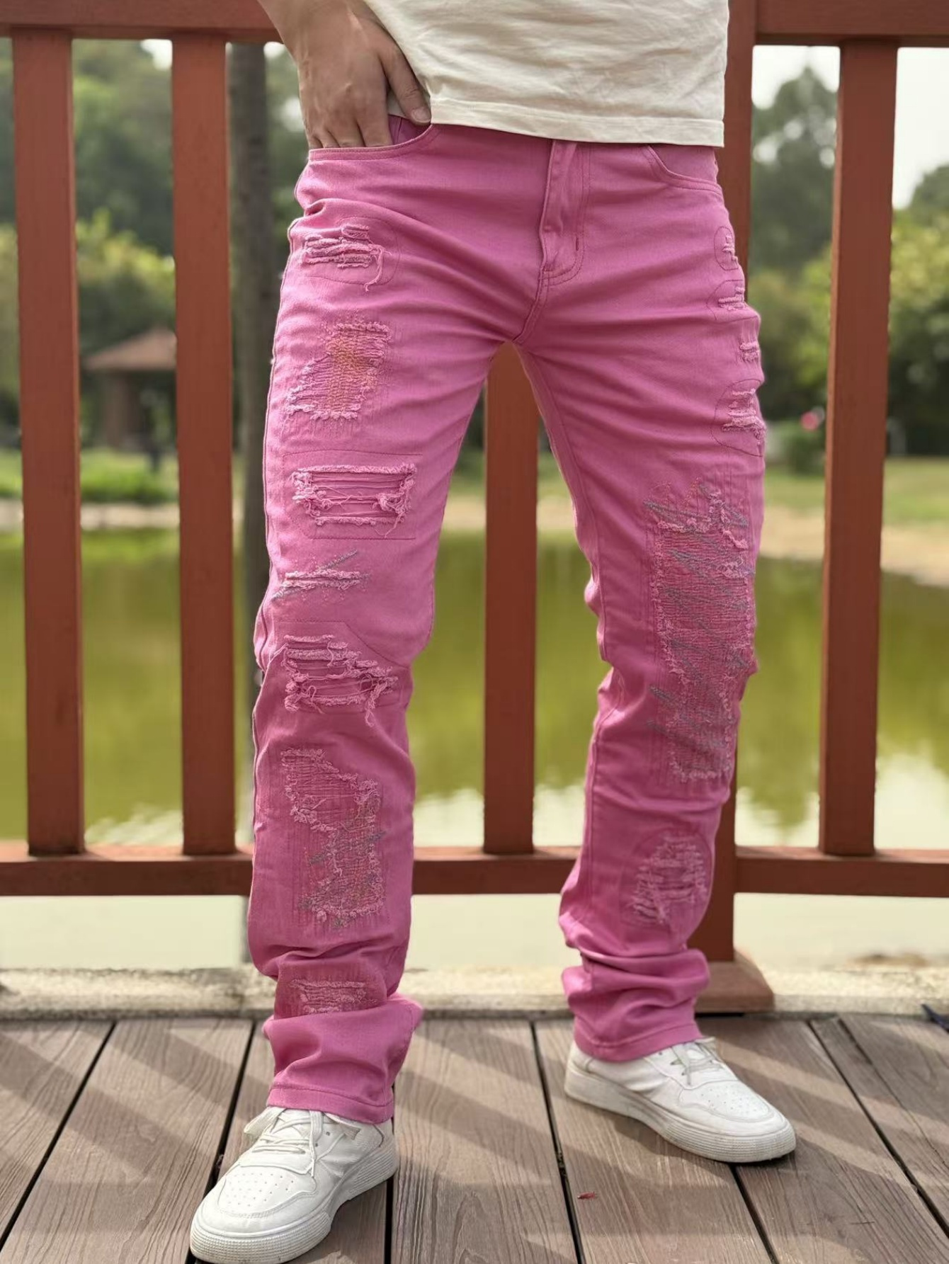 men's stretch ripped jeans straight fit streetwear style with