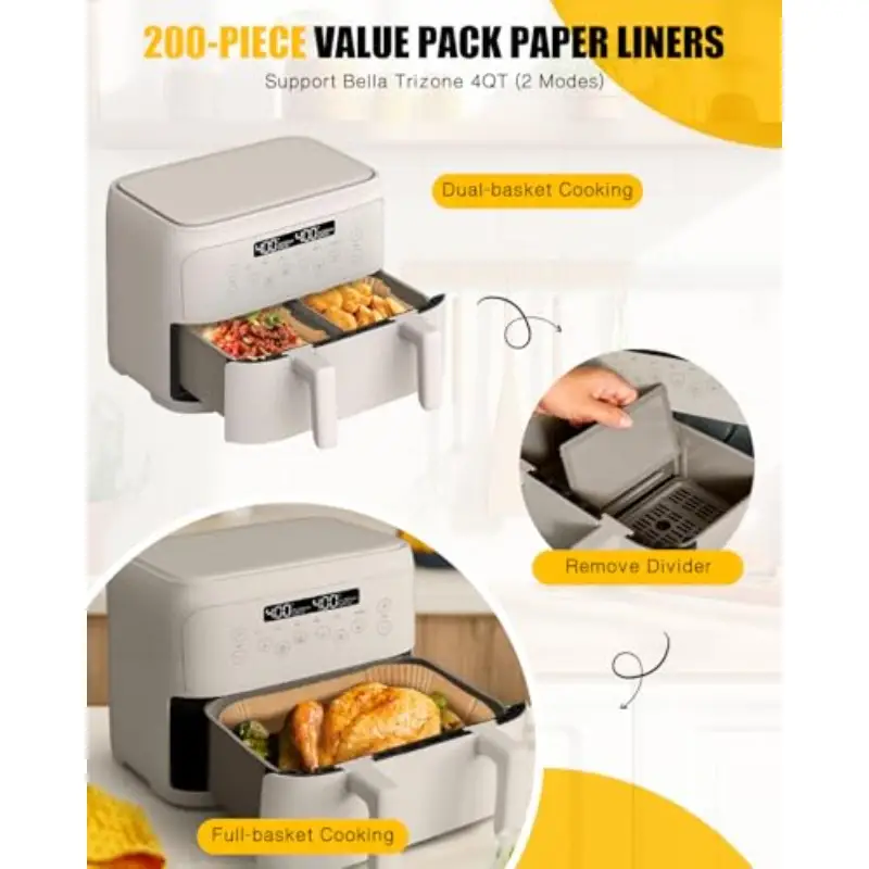 200pcs air fryer paper liners for bella 4 qt airfryer100pcs large for single zone 100pcs small for dual basket nonstick disposable parchment paper baking inserts accessories free of bleach Product details 4
