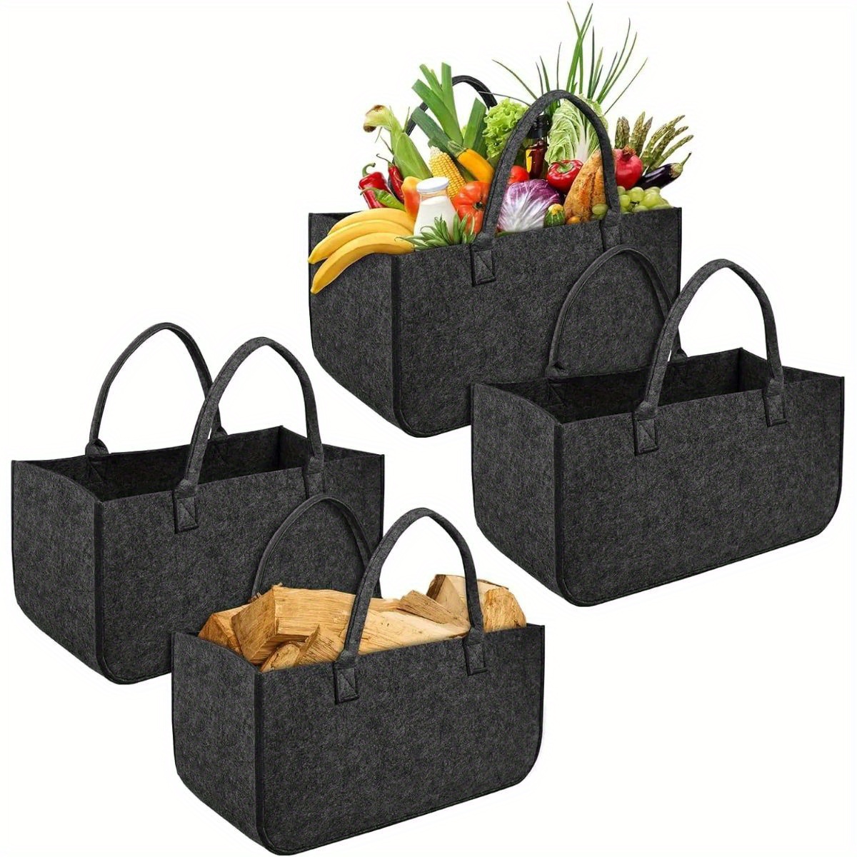 Image of 2pcs Or 4pcs Foldable Felt Basket With Wood Handle - Heavy-duty Fabric Storage Basket Suitable For Firewood, Shopping,, Picnic - Multi- Dark Grey/light Grey Basket, 50 X 25 X 25cm, Under-bed Storage