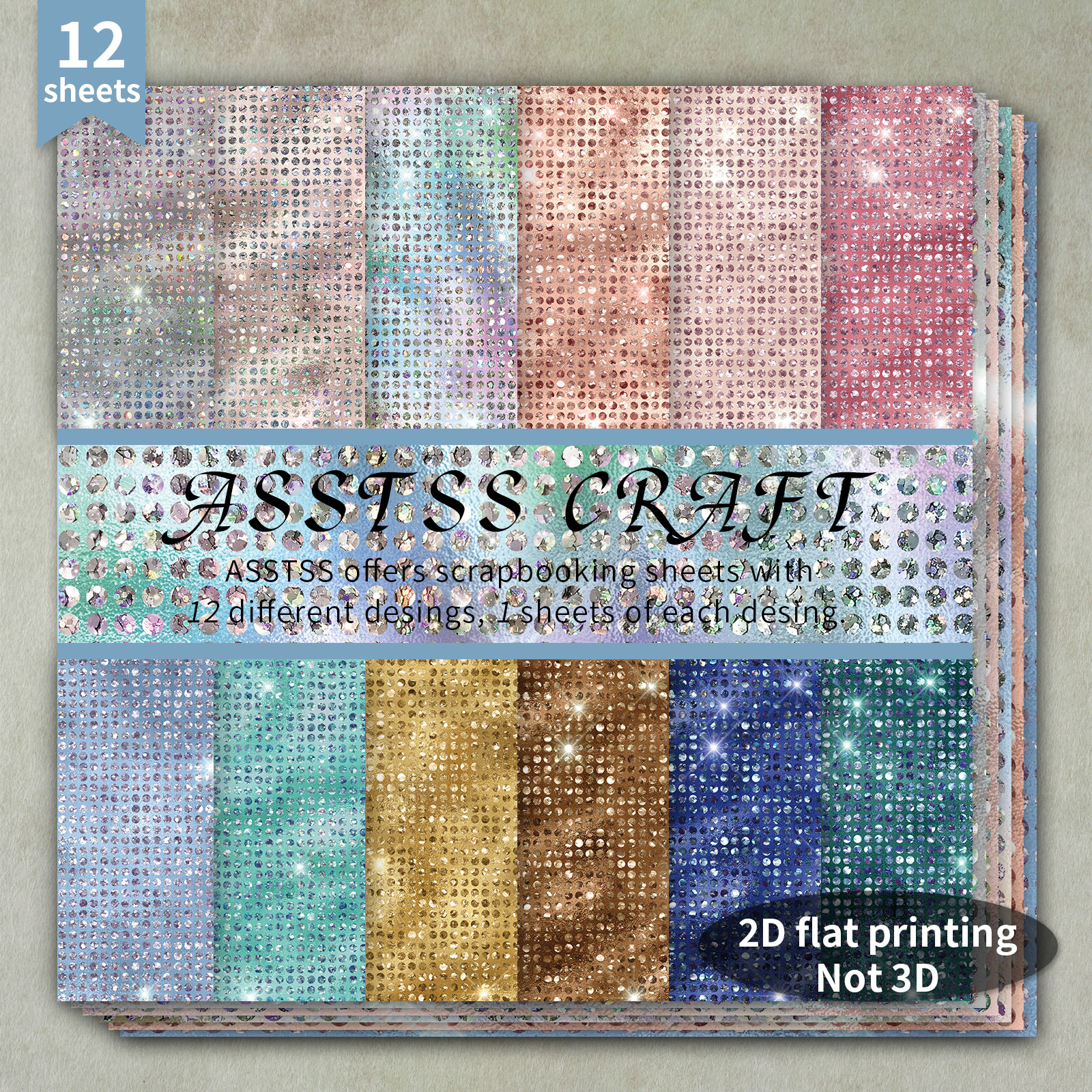 TEMU 12-Vel ASSTSS 6*6-inch Scrapbooking Papierblok, Iridescent Diamant Glans Luxe Stijl Achtergrondpapier, Karton voor Journaling, Collage Kunst,