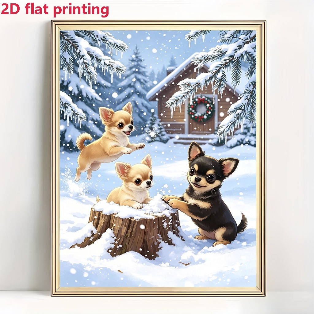 TEMU Kit de peinture diamant 5D à perçage complet, Scène d'hiver enneigée avec 3 adorables chiots chihuahua et motif de chalet , 30x40/11,8*15,7