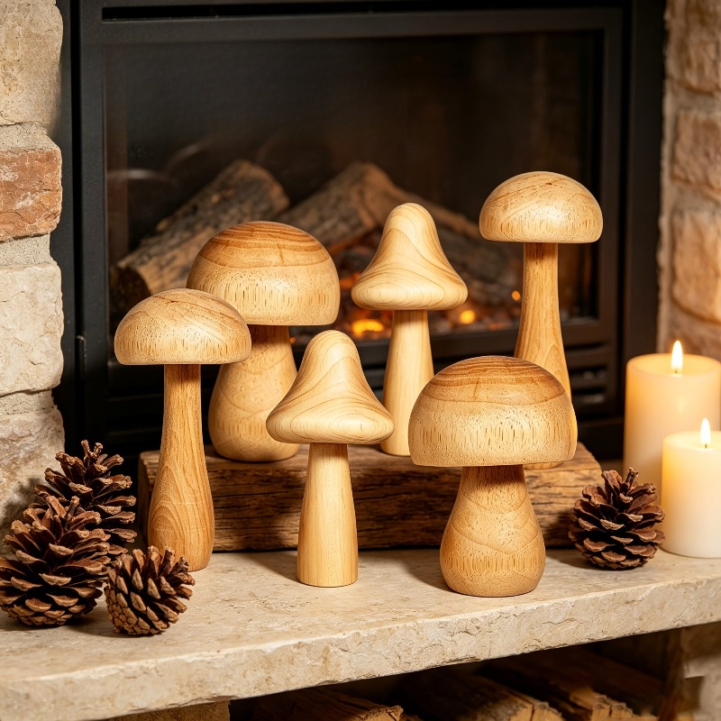TEMU 6pcs Set Of Polished Wood Mushroom Ornaments, Rustic Forest-themed Wooden Decorations, Miniature Landscape Crafts, Suitable For Shelf Display In