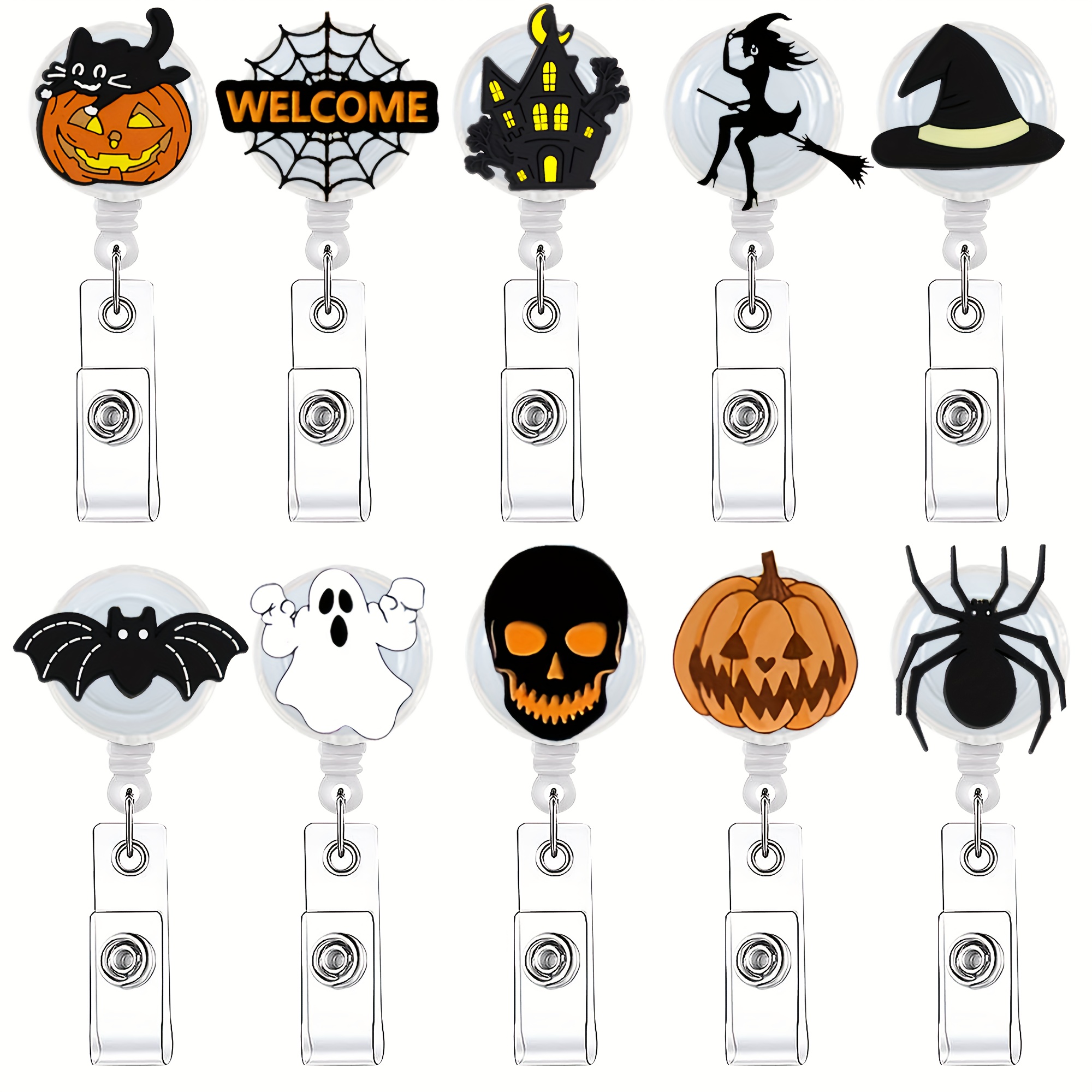 2d 10pcs Halloween Retractable Badge Scroll - Cute Cartoon Pattern With Swivel Clip For Party Decorations And Costume Additions
