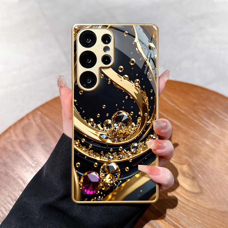 TEMU Phone Case: Golden Swirl And Sparkling Gemstone Pattern, , Trendy, And Beautiful Patterned Glass Phone Case. Suitable For Galaxy