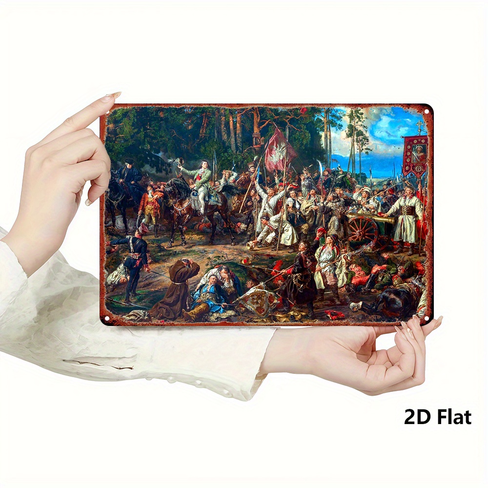 TEMU 2d Flat, 1pc Vintage At Racawice Metal Wall Art - Historical Polish Commander Thadeusz Scene - Rustic Iron Decor For Home, Office, Gym - 8x12