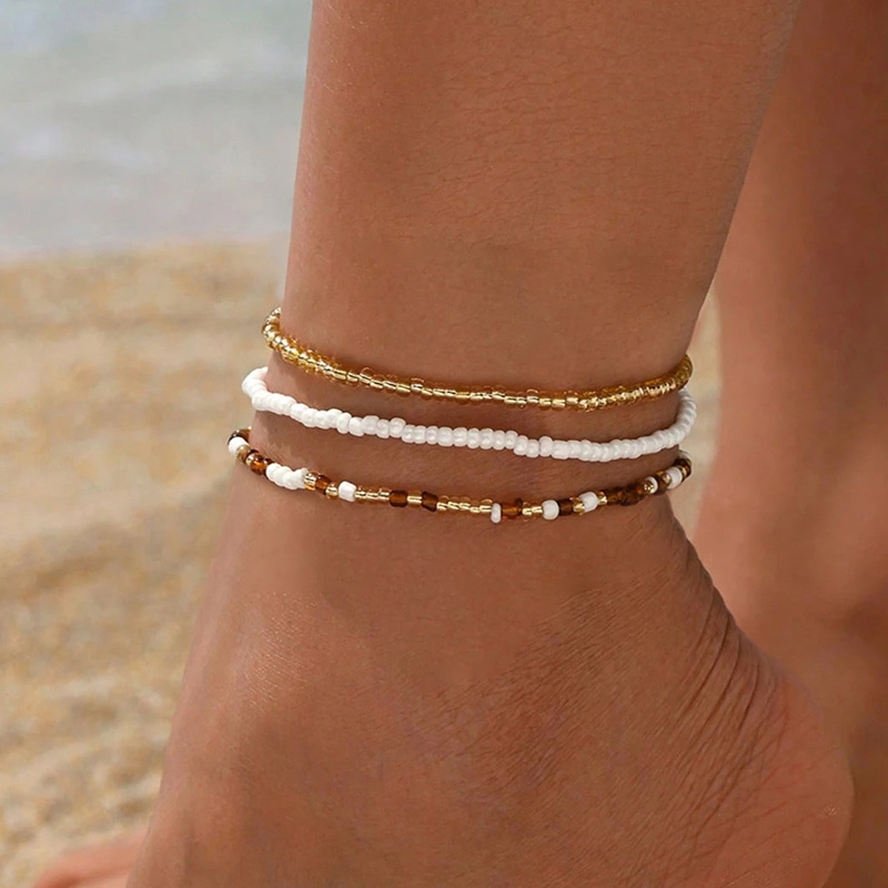 Image of 3pcs Summer Bohemian Style Multicolor Beaded Anklet Set, Versatile Everyday Ethnic Brown Beaded Anklet Set For Women, Glass Material, Summer Beach Vacation, Summer Anklet