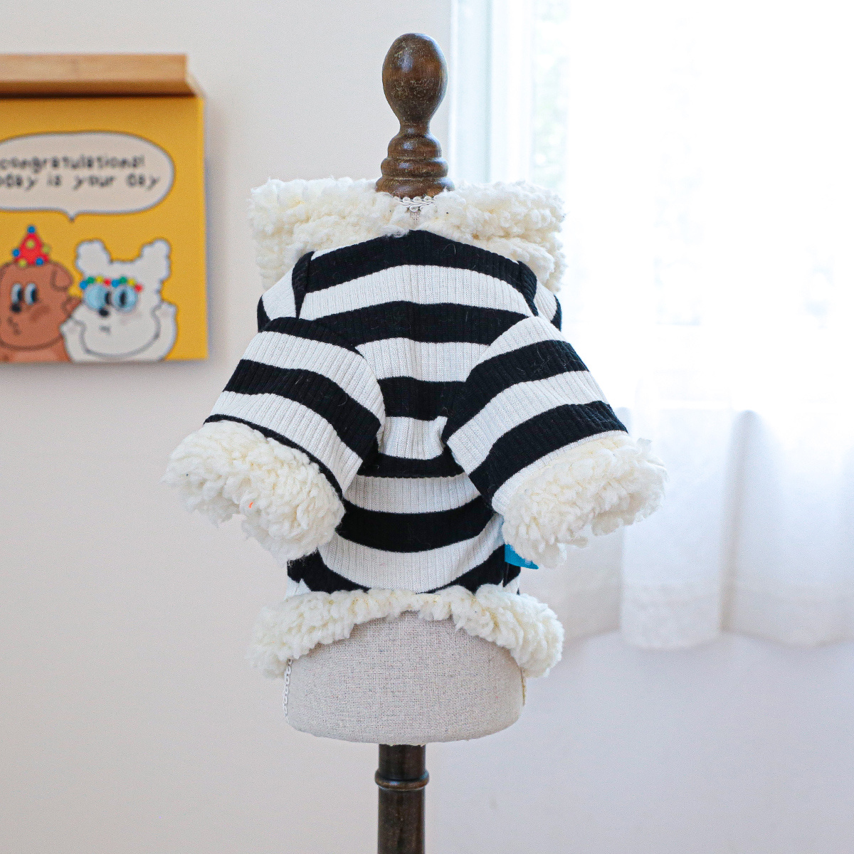 plushball hooded pet sweatshirt black and white striped lined dog clothes teddy chihuahua   winter warm pullover Product details 6