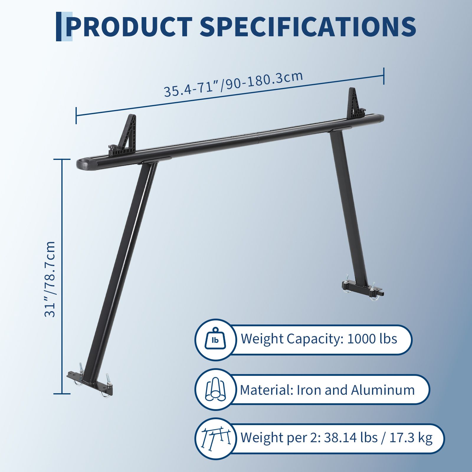 Adjustable Truck Ladder Rack 35-71in Width, Heavy Duty Aluminum With Iron Legs, 1000 Lbs Capacity, Includes 8 Non-drilling J-bolts, Two-bar Set For Kayak, Surfboard, Lumber, Ladder