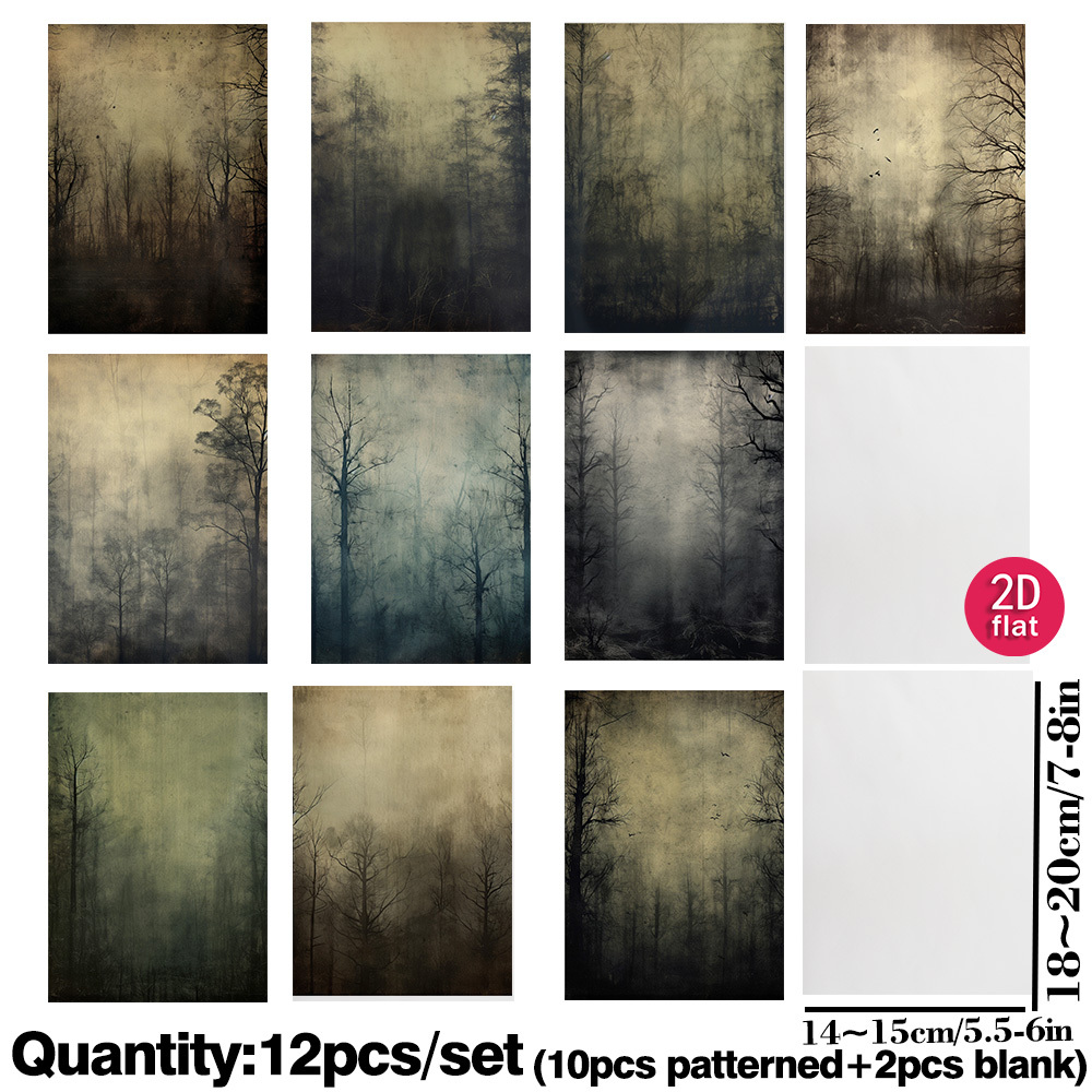 TEMU Ruonaorou 12pcs/pack Vintage Dark Misty Forest Vellum Paper Pack 2d Flat Grunge Distressed Foggy Dead Tree Retro Texture Pattern Translucent