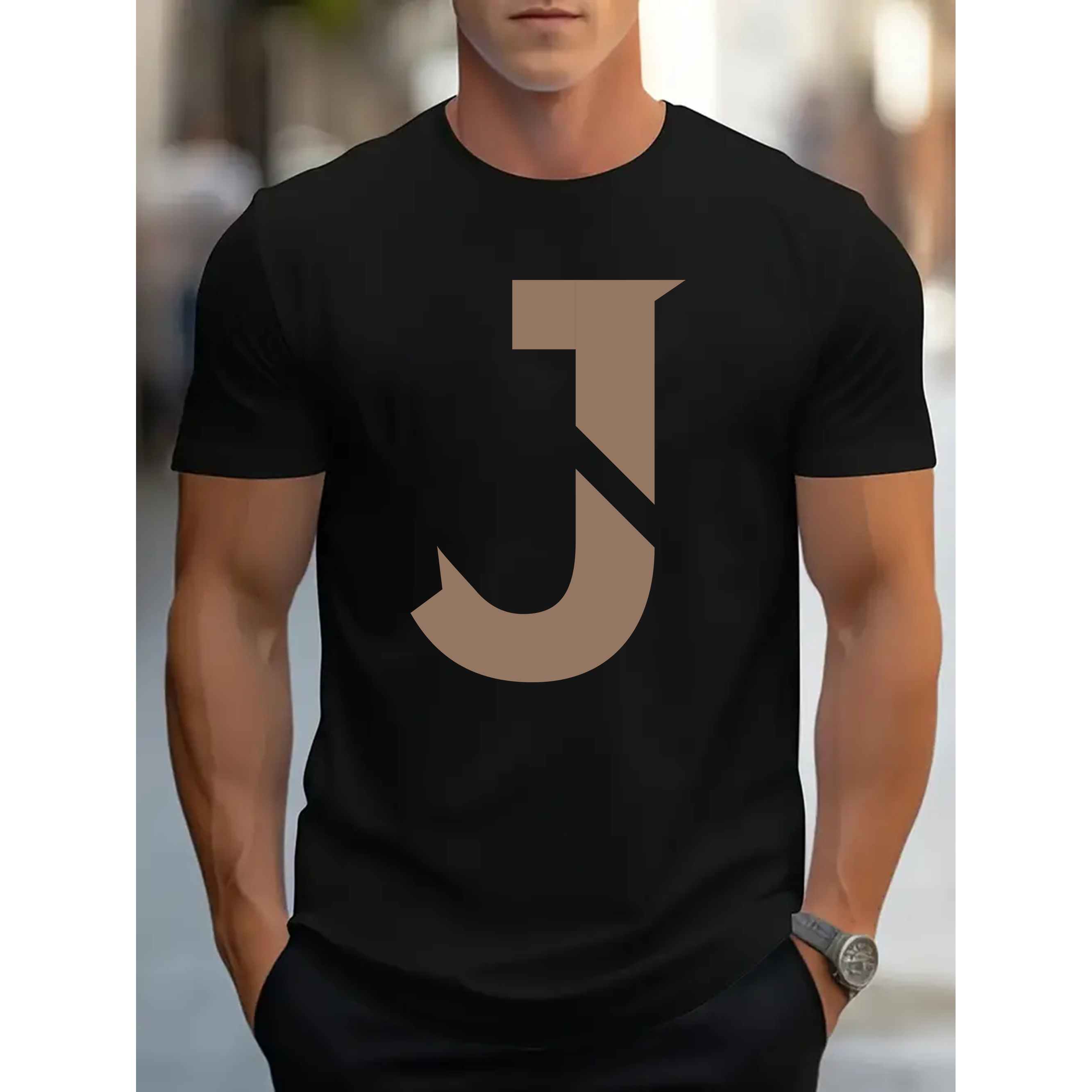 

Stylish Men's Geometric J Print T-shirt- Breathable, Moisture-wicking Polyester, Casual Crew Neck, Short Sleeve, Summer Streetwear, Outdoor Activities, And Casual Attire