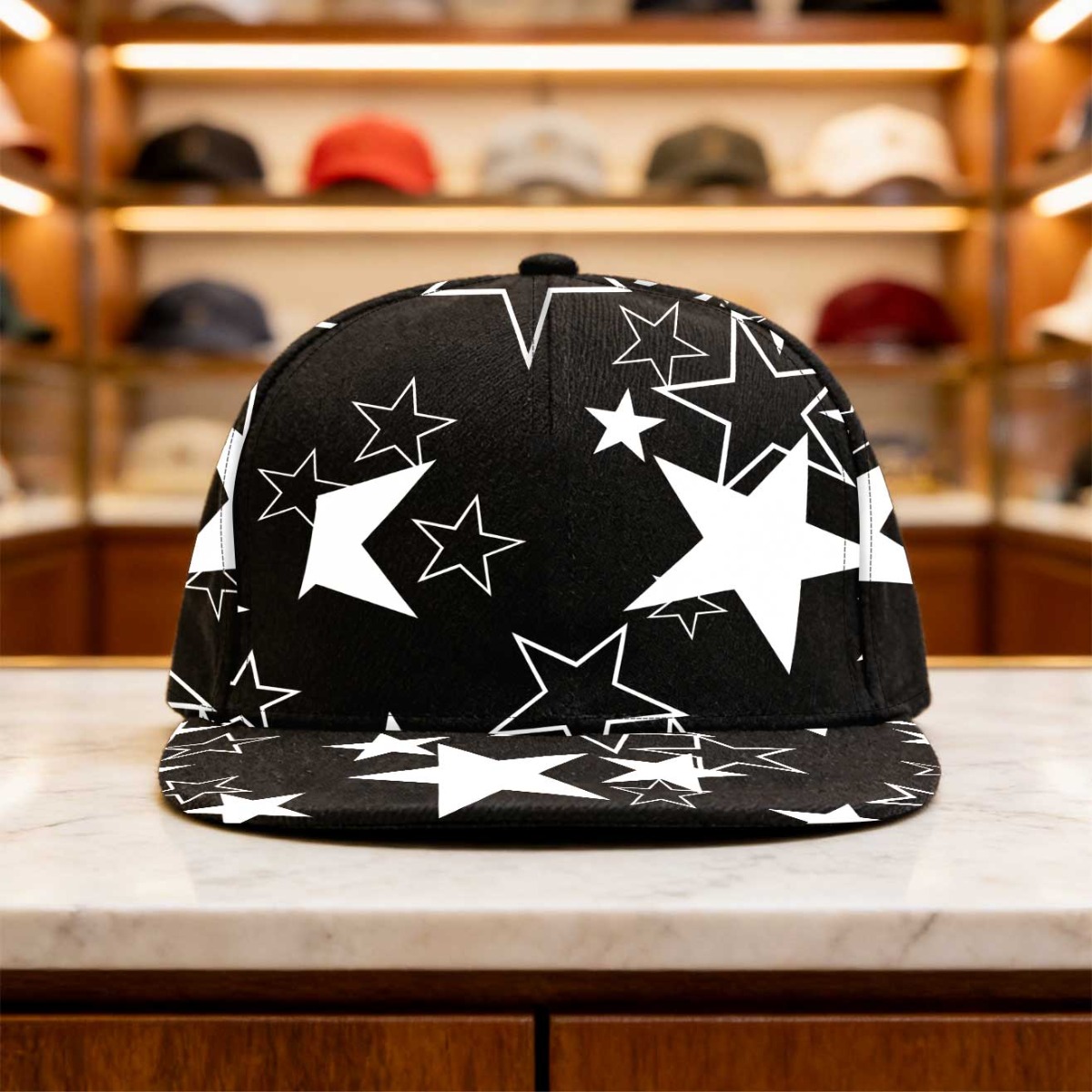 TEMU 1pc Star Pattern Black White Adjustable Flat-brimmed Hat Sunshade Hat Durable Headwear For Casual Attire Perfect For Running And Outdoor