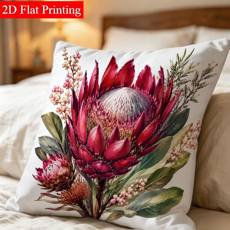 TEMU Floral 2d Flat Printed Cushion Cover, 45x45 Double-sided Printing, Vibrant Red And Pink Flowers Design, Suitable For Bedroom Bed Decor, Cozy