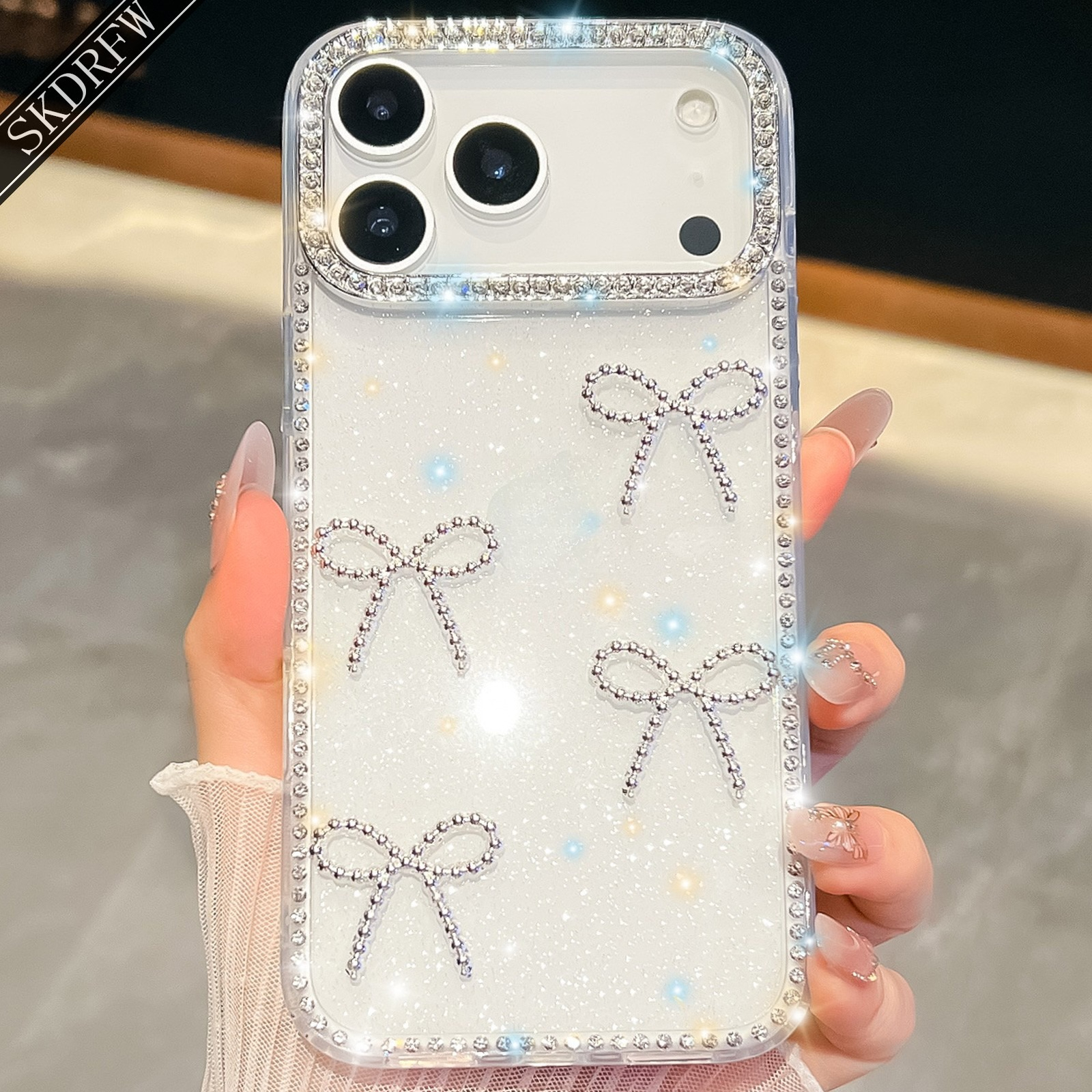 TEMU Phone Case - Light Shimmering Powder Inlaid Rhinestone Border 3d Bow Phone Case For Iphone 17 17air 17pro 17promax 16 16pro 16promax 16plus 16e