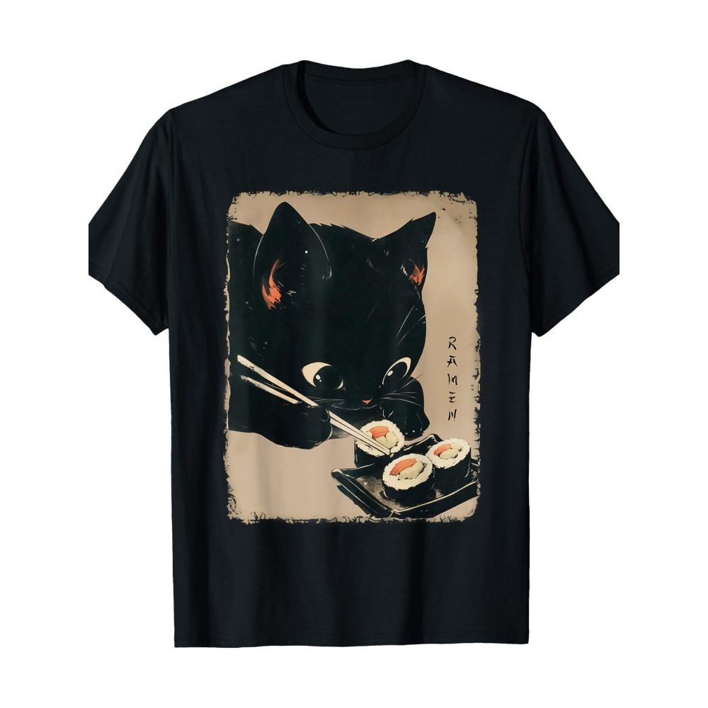 

1pc Cat Eating T-, 100% , , , , Pattern, , Regular Fit, 220g/m² - Japanese For Adults