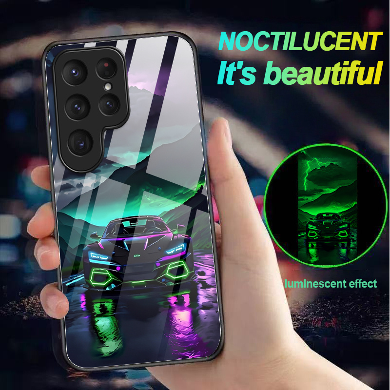 TEMU Phone Case: Neon Sports Car Lightning Mountain Night Light Phone Case Shockproof Luminous Without Power For Galaxy