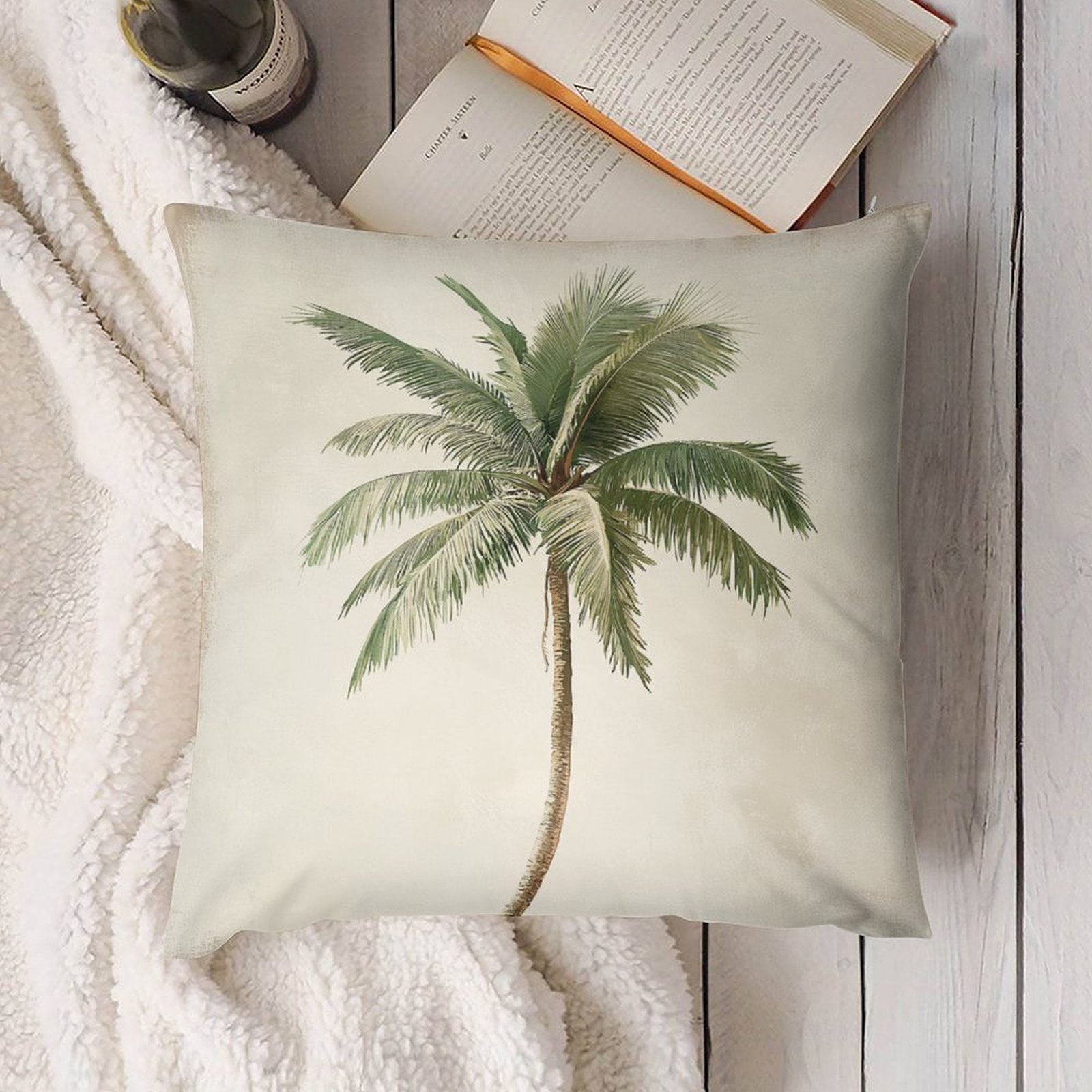 

1pc Style Polyester Throw Pillow Cover With Vintage Palm Tree Print, Machine Washable, Zipper Closure, Woven Decorative Cushion Case For Living Room, Bedroom, Office