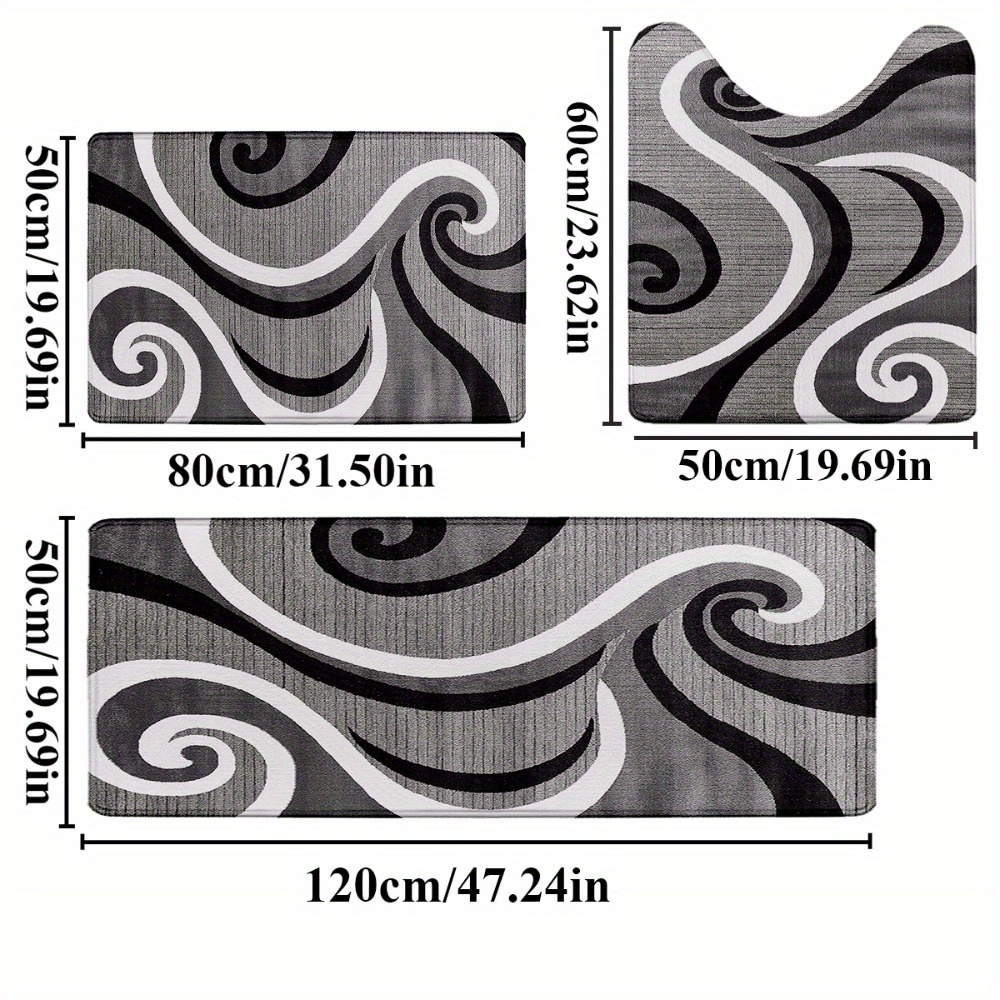 TEMU 3pcs/set Abstract Black, White And Gray Pattern Print Bath Mat Set, Non-slip Bathroom Mat, Flannel Bathroom Mat, Bathroom Floor Mat, Toilet Mat