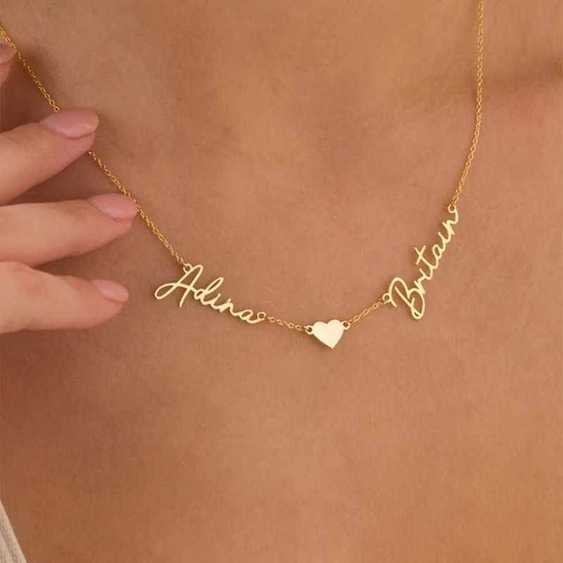TEMU Personalized Heart-shaped Double-name Necklace, Stainless Steel Couple Necklace, Easy And Elegant Design, Suitable For Daily Wear Or Holiday