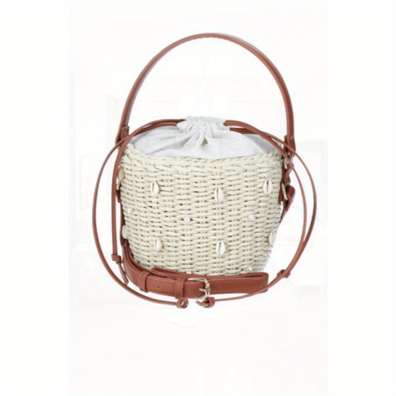   womens embellished bucket bag white woven straw style with   leather handles     casual to formal purse for beach shopping daily use retro handbag beach carryall strawlike texture durable woven material metallic button details