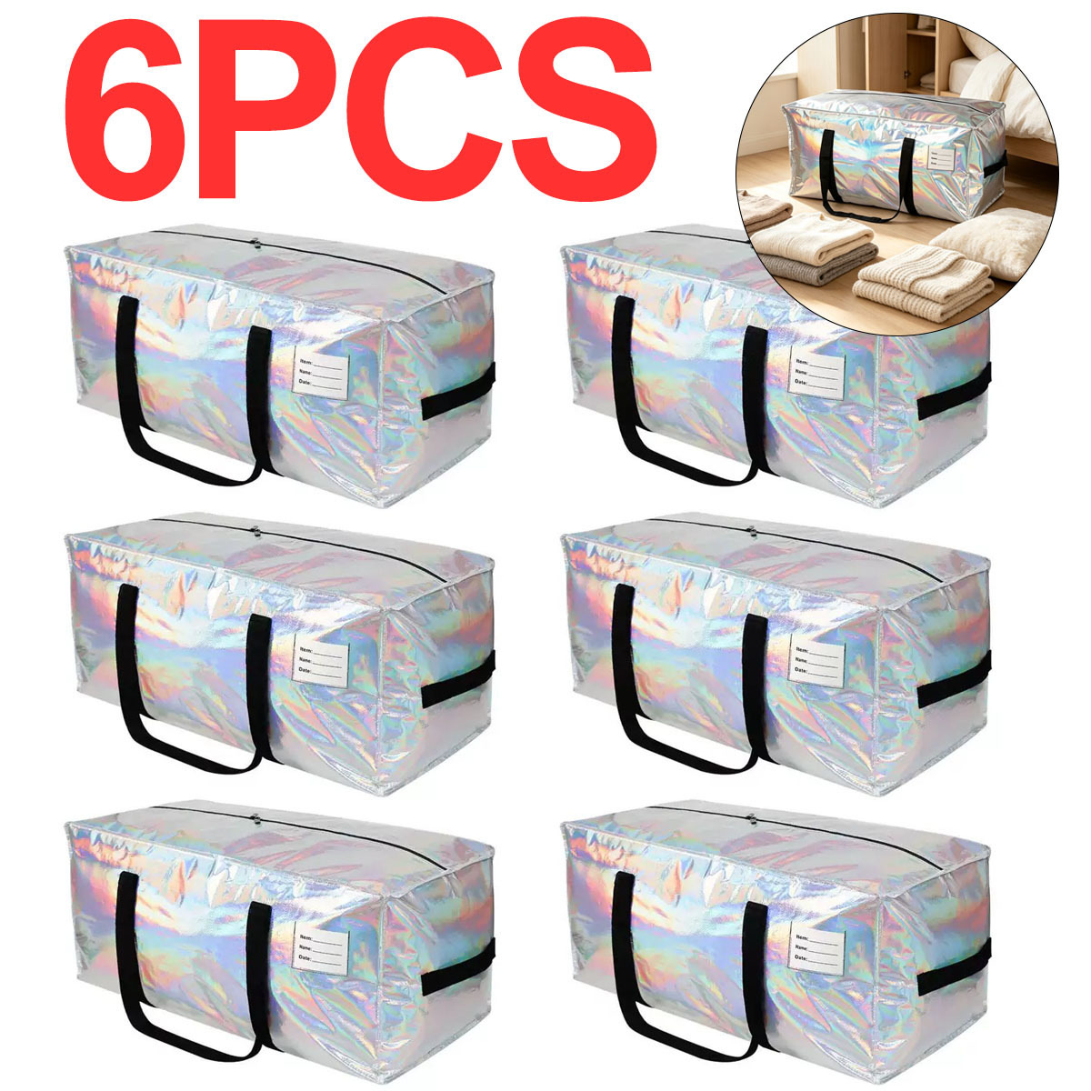 Image of 6pcs Extra Large Moving Bags Heavy Duty With Zippers & Carrying Handles, Storage Bags Moving Boxes For Closet Organizers And Storage
