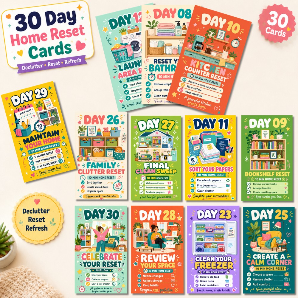 TEMU 30pcs Cards, 30-day Home Transformation Challenge, Decluttering Organization Planner, Visual Task Cards For Adults, Cards, System, Home
