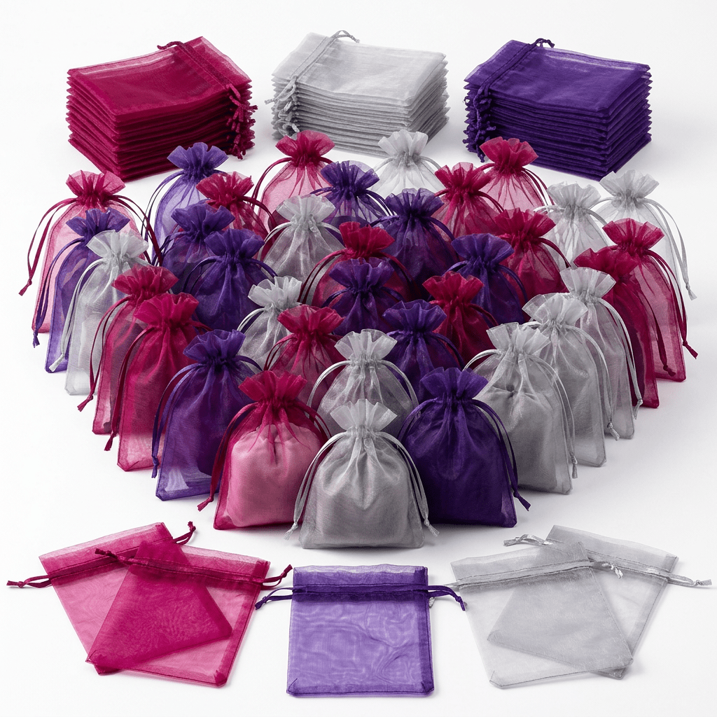 TEMU 100 Stück Organza-Geschenkbeutel in zufällig gemischten Farben, Netzbeutel mit Kordelzug, Schmuckverpackungsbeutel aus durchsichtigem Stoff mit