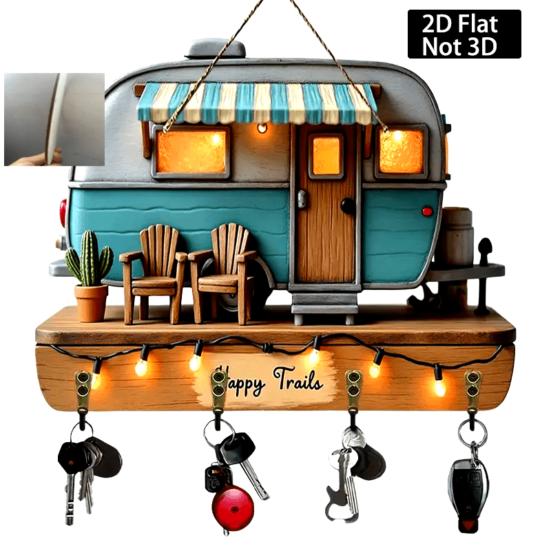 2  retro trailer decorative pendant   elements like chairs and keys   with four metal hooks suitable for decorating walls   rooms and   versatile home decor with 2d flat     2d flat