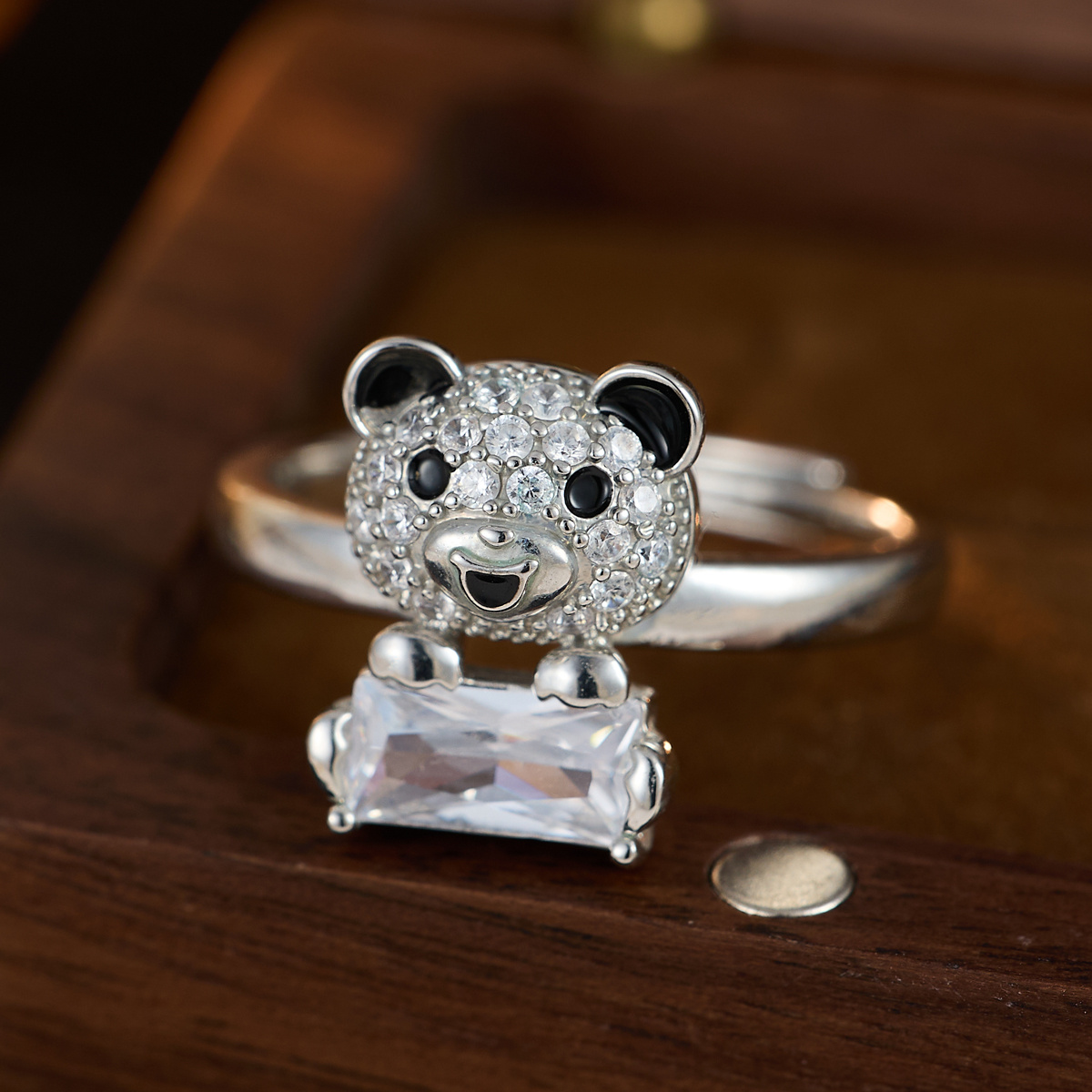 Minimalist Panda Open Ring with Synthetic Zirconia