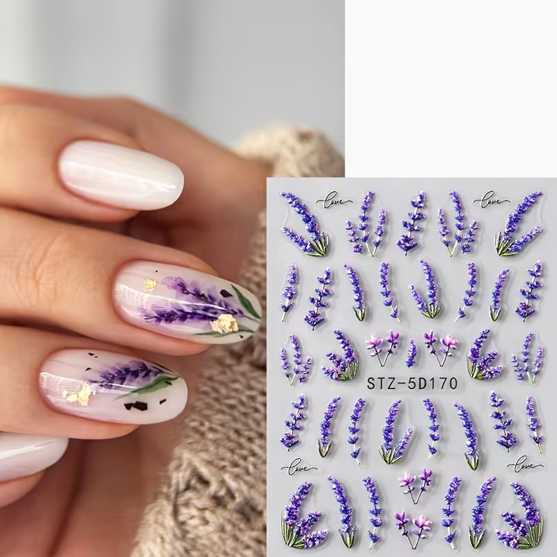 TEMU Purple Lavender Floral Nail Stickers