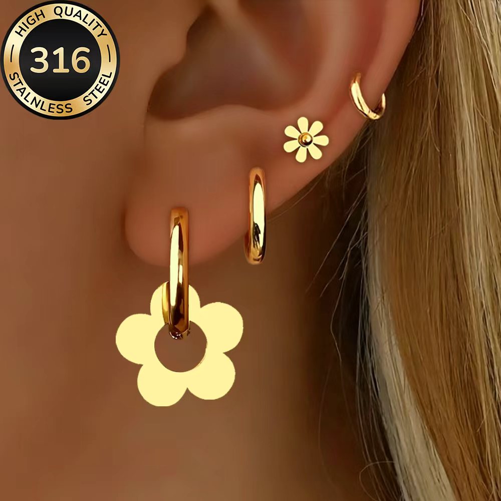 TEMU 4-pair Earring Set, High-quality Steel Hypoallergenic Golden Earrings, Polished, Kc, Anti-tarnish, Simple And Elegant, Fashionable Women's