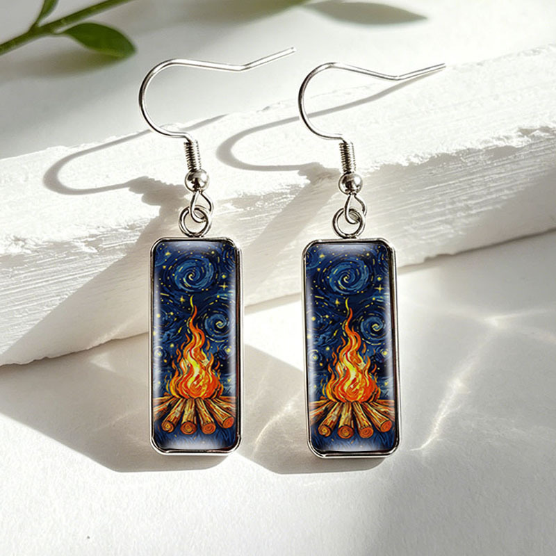 Van Gogh Starry Night Campfire Stainless Steel Drop Earrings