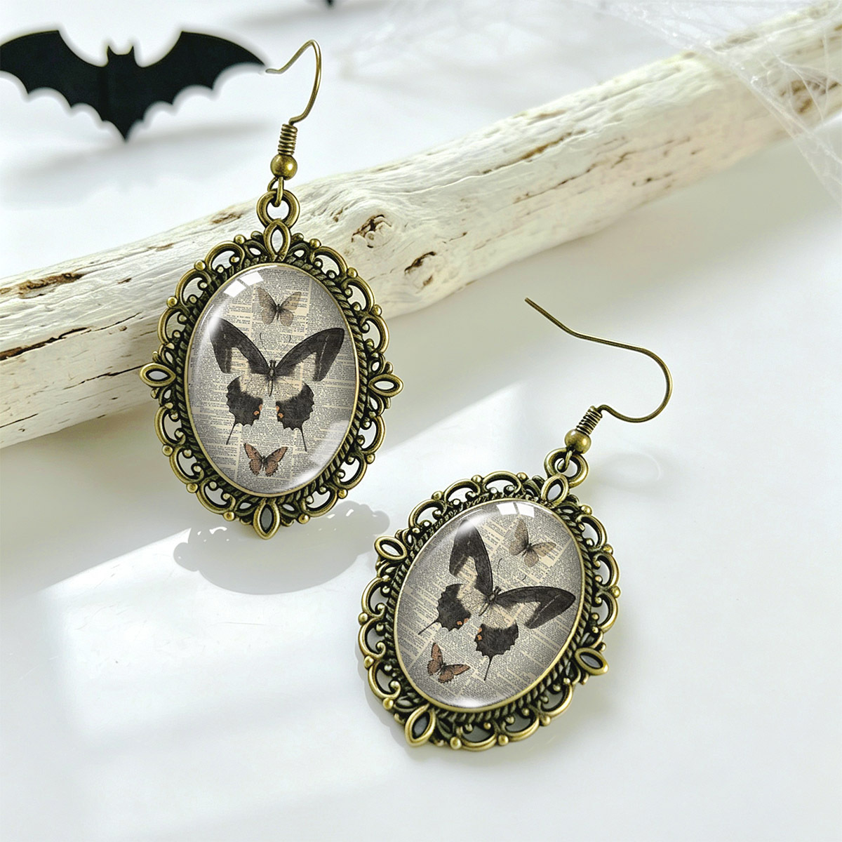 Vintage Openwork Lace Time Earrings, Black Butterfly Illustration
