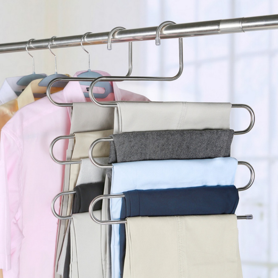 TEMU 2pcs ( Pants Hanger X 2), Space-saving Pants Rack, Non-slip 5-tier Trousers Organizer For Jeans, Trousers, Scarves & Ties, Foldable Closet