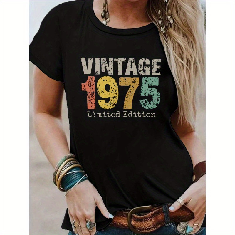 

1975 Print T-shirt, Short Sleeve Crew Neck Casual Top For Summer & Spring, Women's Clothing