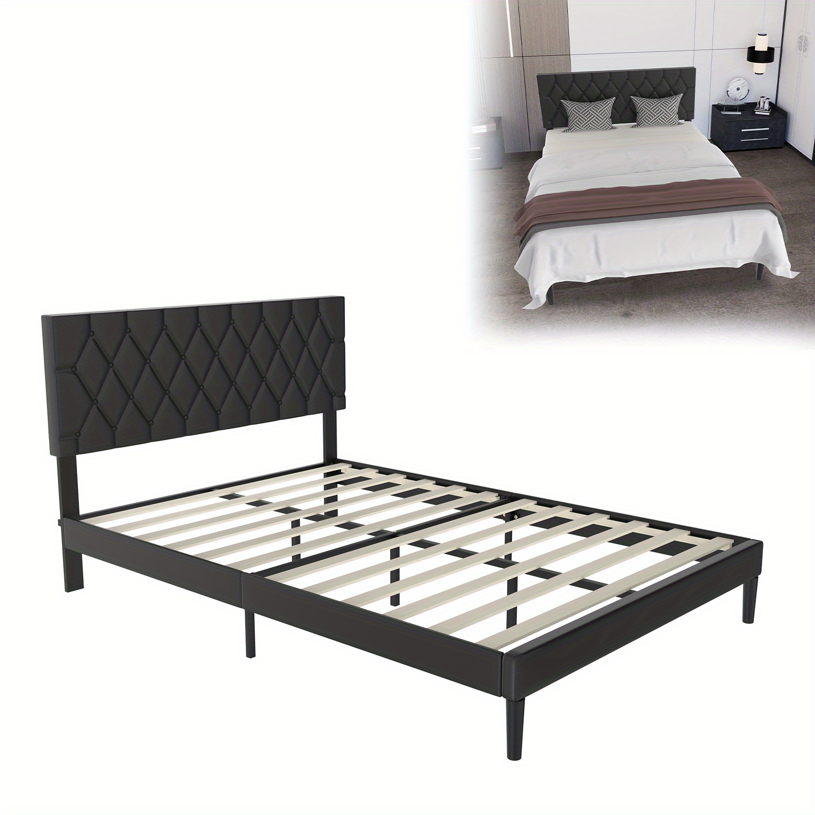 Image of Upholstered Bed 90/ 140/ 160 X 200 Cm - Tufted Bed Frame, Platform Bed With Upholstered Headboard, Wooden Slatted Support, Double Bed For Adults, (black - Faux Leather)