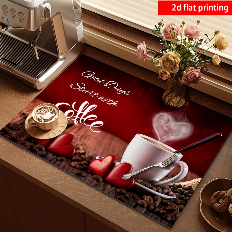 TEMU 2d Flat Printing, 1pc, 's Day Themed Absorbent Placemats, Dish Drying Mats, Coffee Machine Mats, With Heart-shaped Mist And Coffee Cup Design,