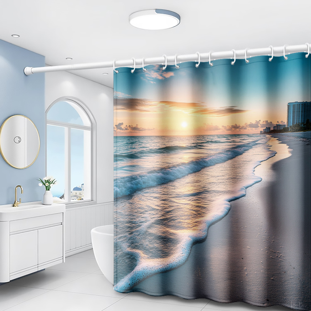 TEMU 1pc Seaside Waves Printed Shower Curtain, Modern Bathroom Home Decor With Plastic Hooks, Suitable For Home And Hotel, Machine Washable Curtain