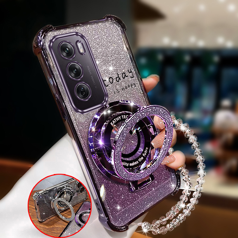 TEMU Phone Case: Glitter Shiny Wrist Strap Magnetic Phone Holder Case On For Oppo Reno 12 Reno12 Anti-knock Shock Proof Back Cover