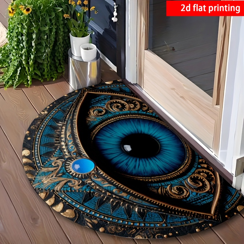 TEMU 2d Flat Printing, 1pc, Retro Egyptian Blue Golden Evil Eye Half-round Indoor Mat, Indoor/outdoor Use, For Entrance, Hallway, Garden,