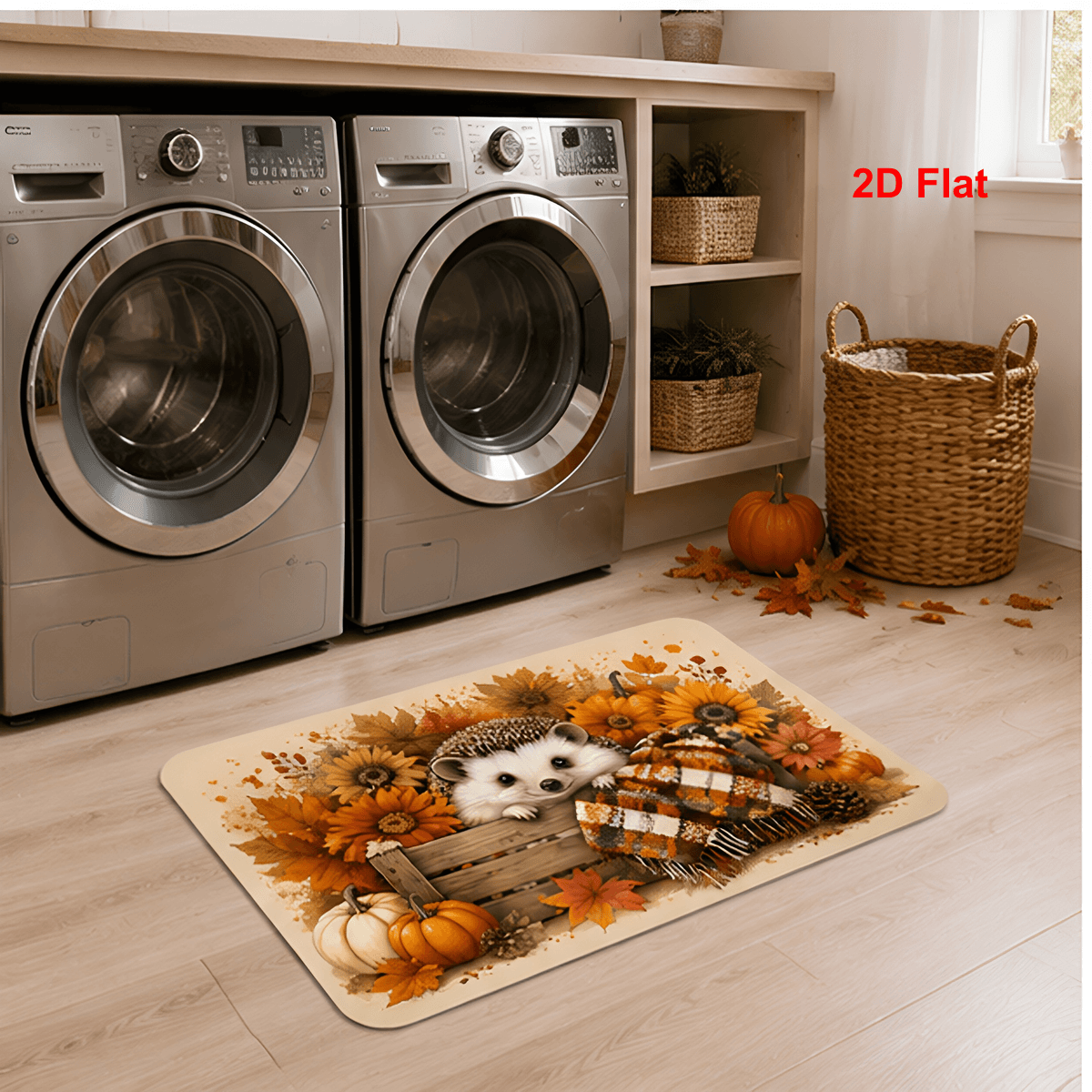 TEMU Autumn Hedgehog Pumpkin Sunflower Rug Suitable For Kitchen Doorway Bedroom Bathroom Floor Mat, Soft Absorbent Flannel With Hedgehog & Pumpkin,
