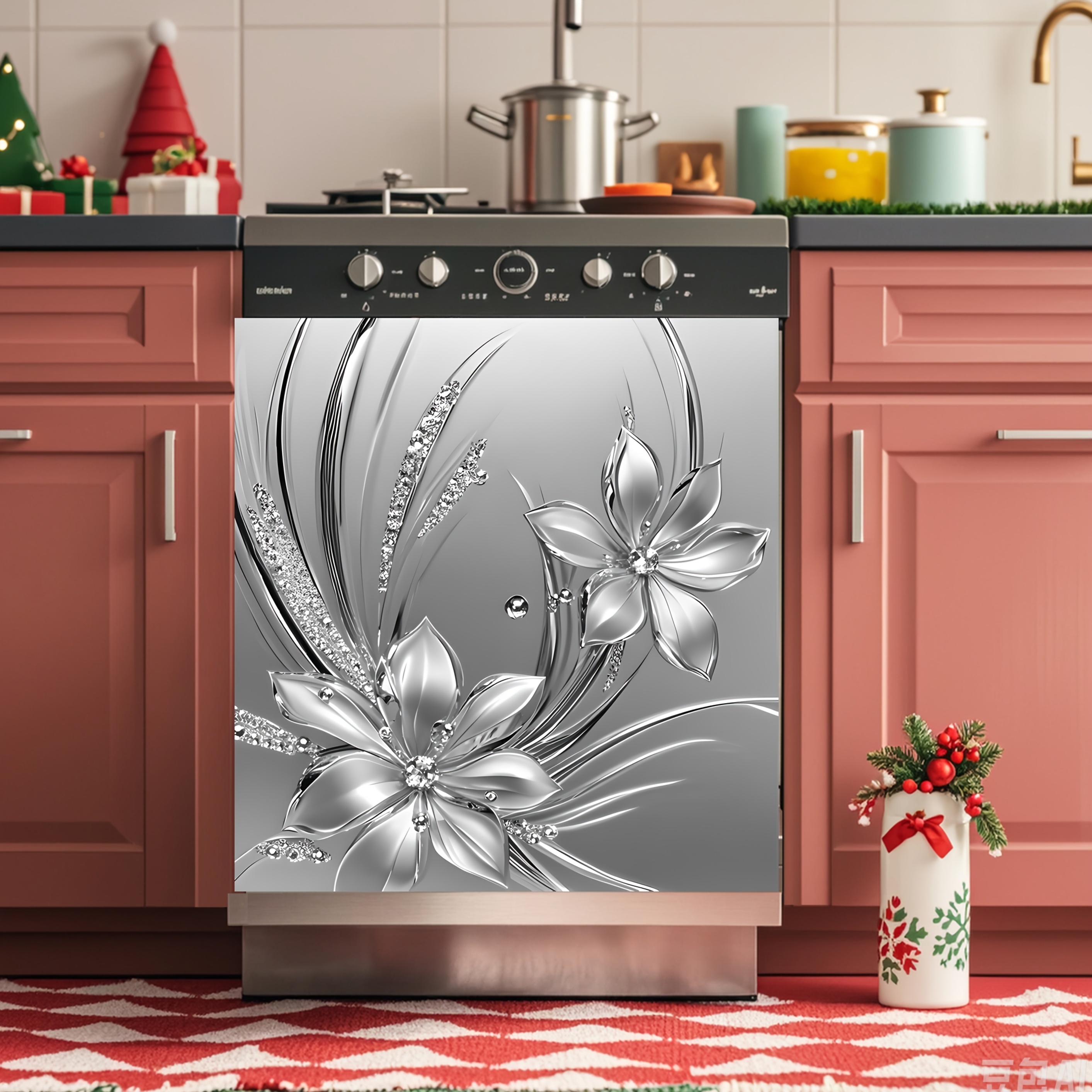 TEMU 2d Flat Metal Silvery Embossed Flower Pattern Dishwasher Door Cover Sticker, Metal Silvery Flower Pattern, Modern Decorative Painting, Party