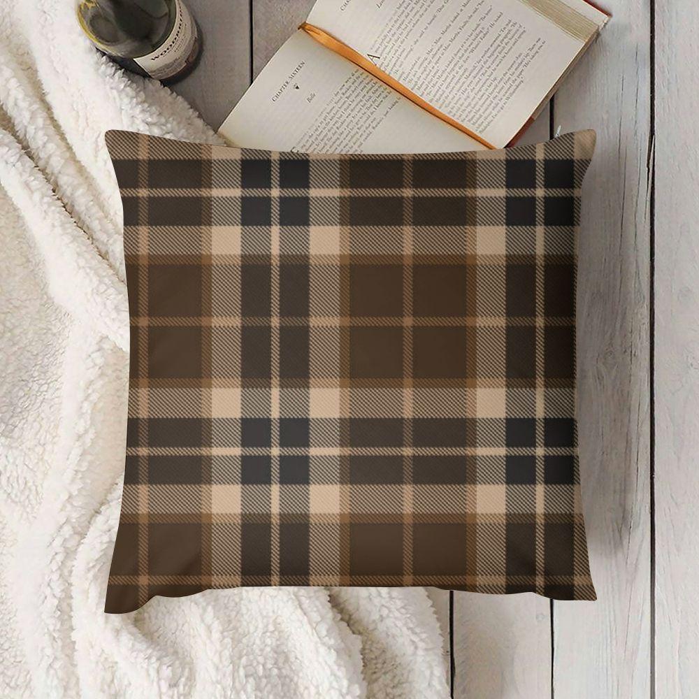 TEMU A Country-style Pillowcase Made Of Short Plush, Suitable For Home Sofa Cushion Decoration, Single-sided Printed With A Brown Checkered Pattern
