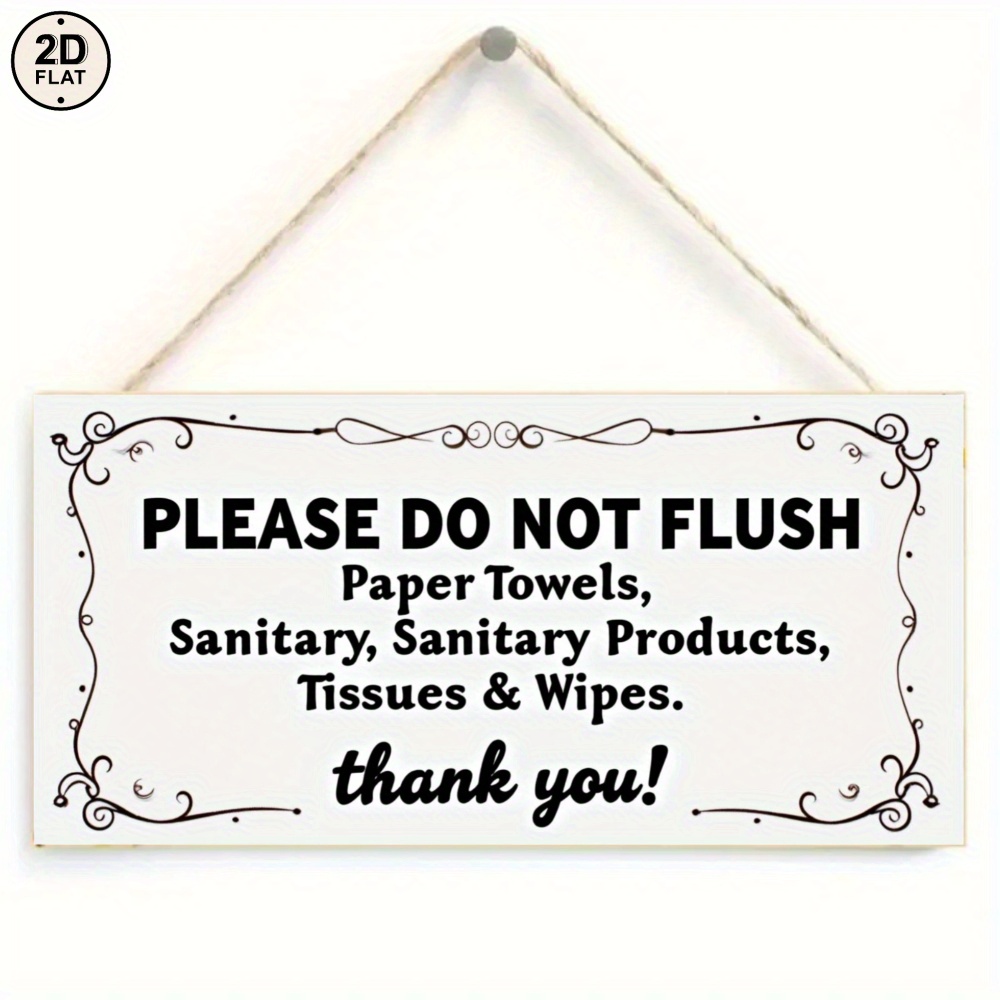 TEMU 2d Flat, 2d Flat Elegant Black And White "please Do Not Flush" Bathroom Sign - Composite Wood, Wall-mounted, Decorative Border With Floral