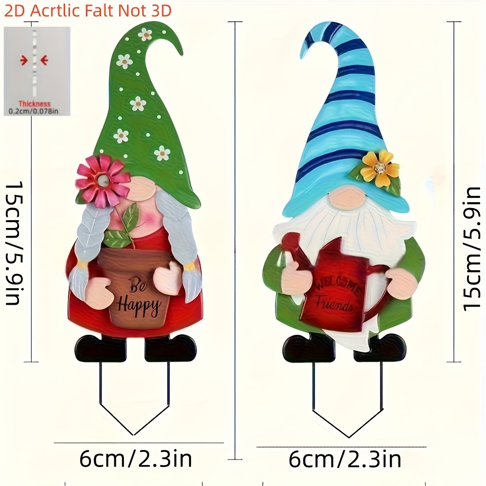 E-shop 2D-Flach, [2D-Flach] 2-teiliges Set 2D-flacher Gartenzwerg-Deko-Gartenstecker aus Acryl für den Außenbereich, Hofkunst-Stecker für Rasen,