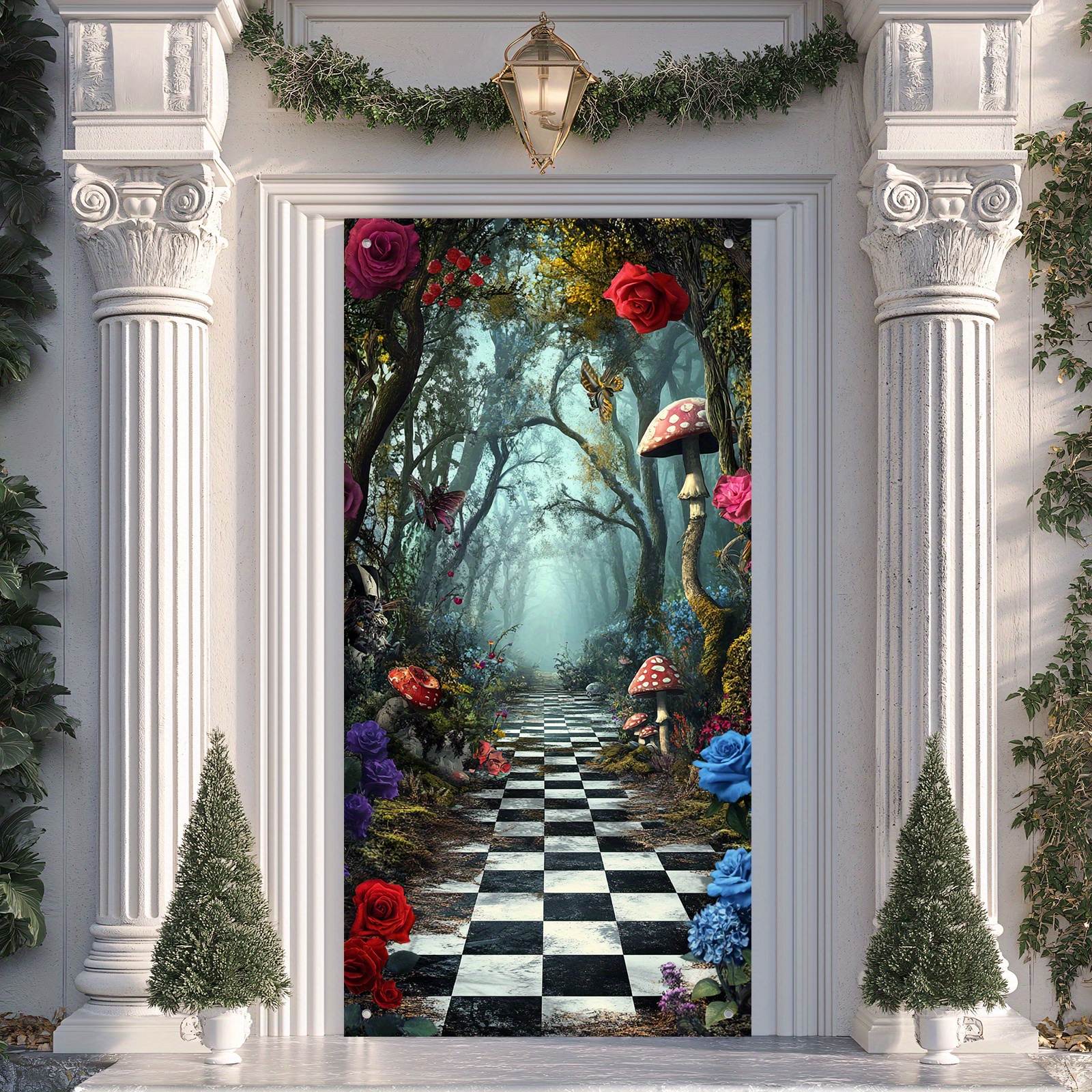 TEMU 2d Flat, 2d Door Banner, A Piece 2d Flat Door Banner, Forest& Checkered Pathway Door Banner- Ideal For Indoor& Outdoor Parties, Celebrations,