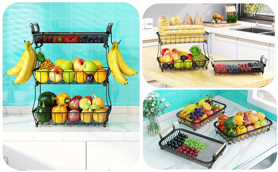 Panier à fruits métallique 3 étages Miyawell avec 2 porte-bananes - Organisateur de cuisine empilable et gain de place, grande capacité en maille aérée pour fruits, légumes et snacks, support de comptoir noir moderne, panier à fruits pour plan de travail, design industriel élégant, poignées en bois, étagères à paniers