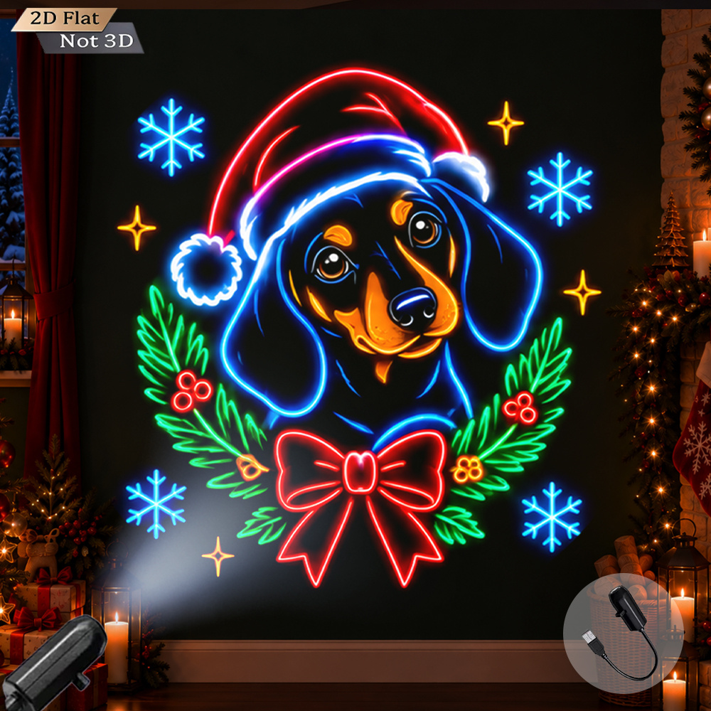 TEMU Usb Powered Projector Light Christmas Pet Neon Dachshund With Santa Hat Led Projection Lamp Ambient Night Light Decor For Home Bedroom Christmas