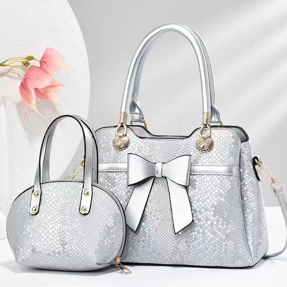 Handbag With Bow, Mother-daughter Bag, Snake-pattern Women', Textured Shoulder And Crossbody Bag